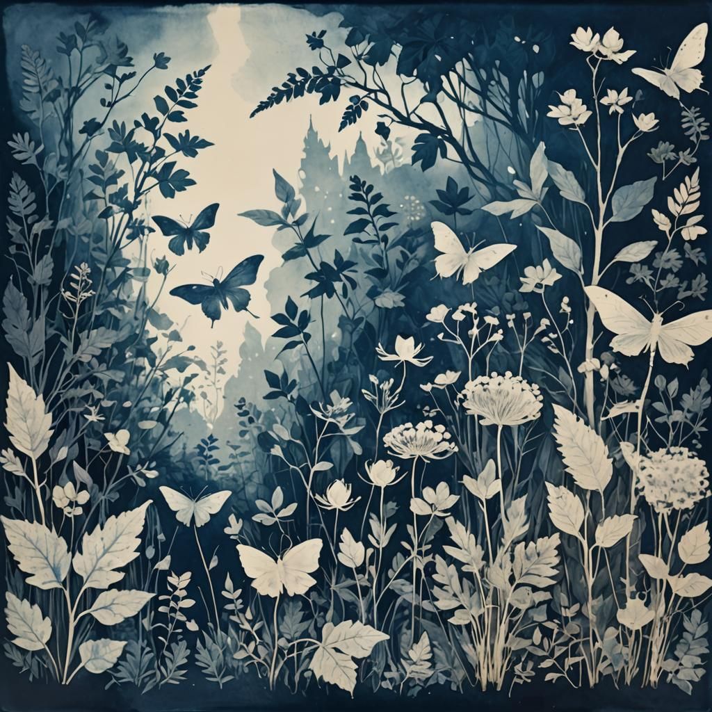 Ethereal Cyanotype Landscape with Pressed Fairies
