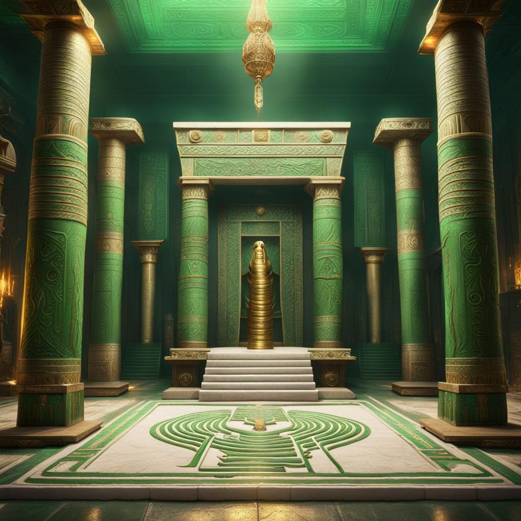 Egyptian temple room, green cobras, white altar with green fire, snake symbols