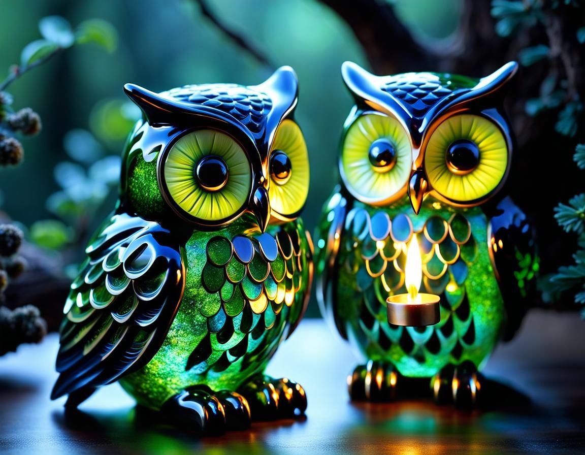 Enameled Glass Owls on Mossy Trunk in Moonlight
