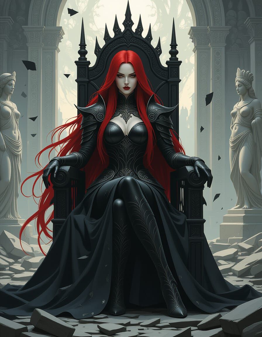 Dark Queen on Throne in Ornate Armor, Dark Fantasy Style