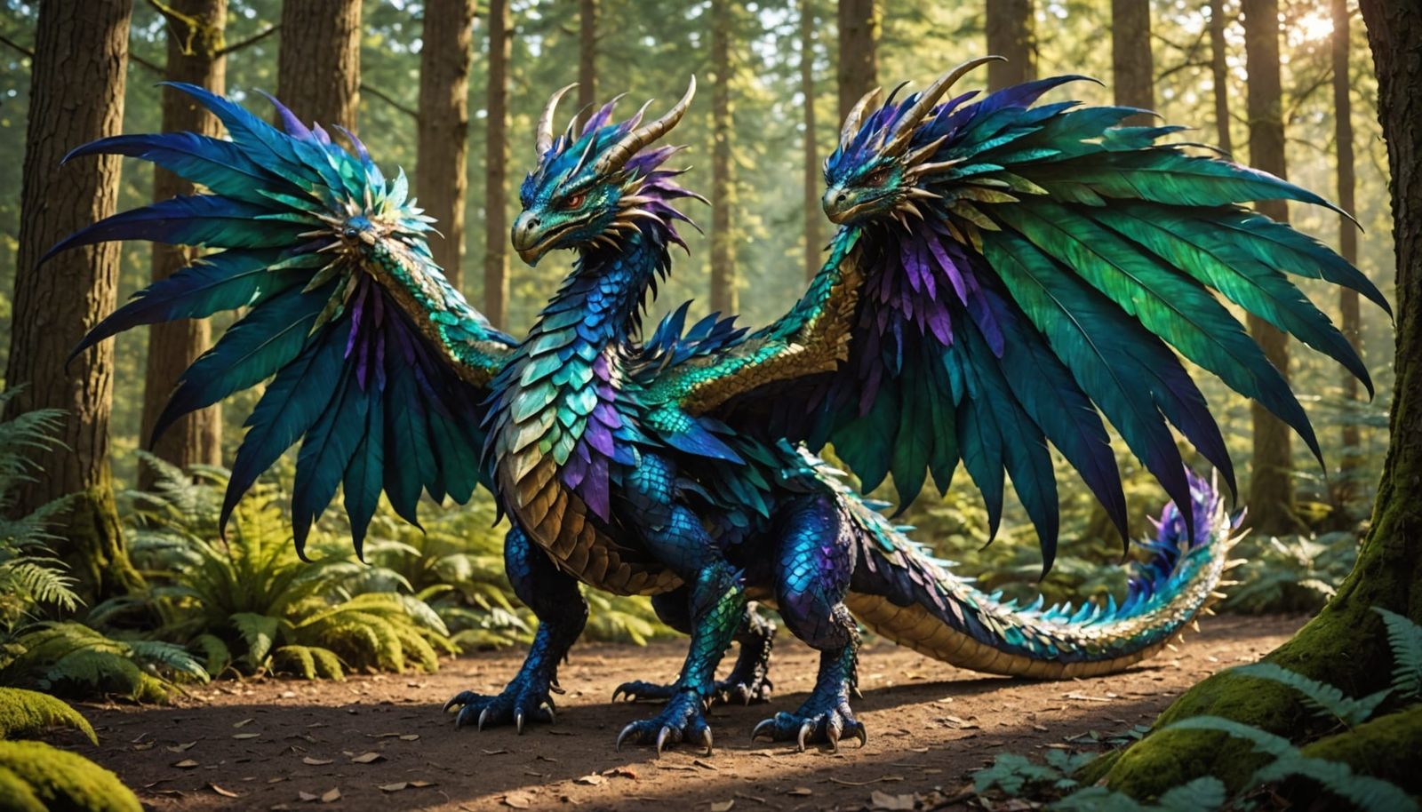 Iridescent Feathered Dragon in Sunlit Forest Clearing