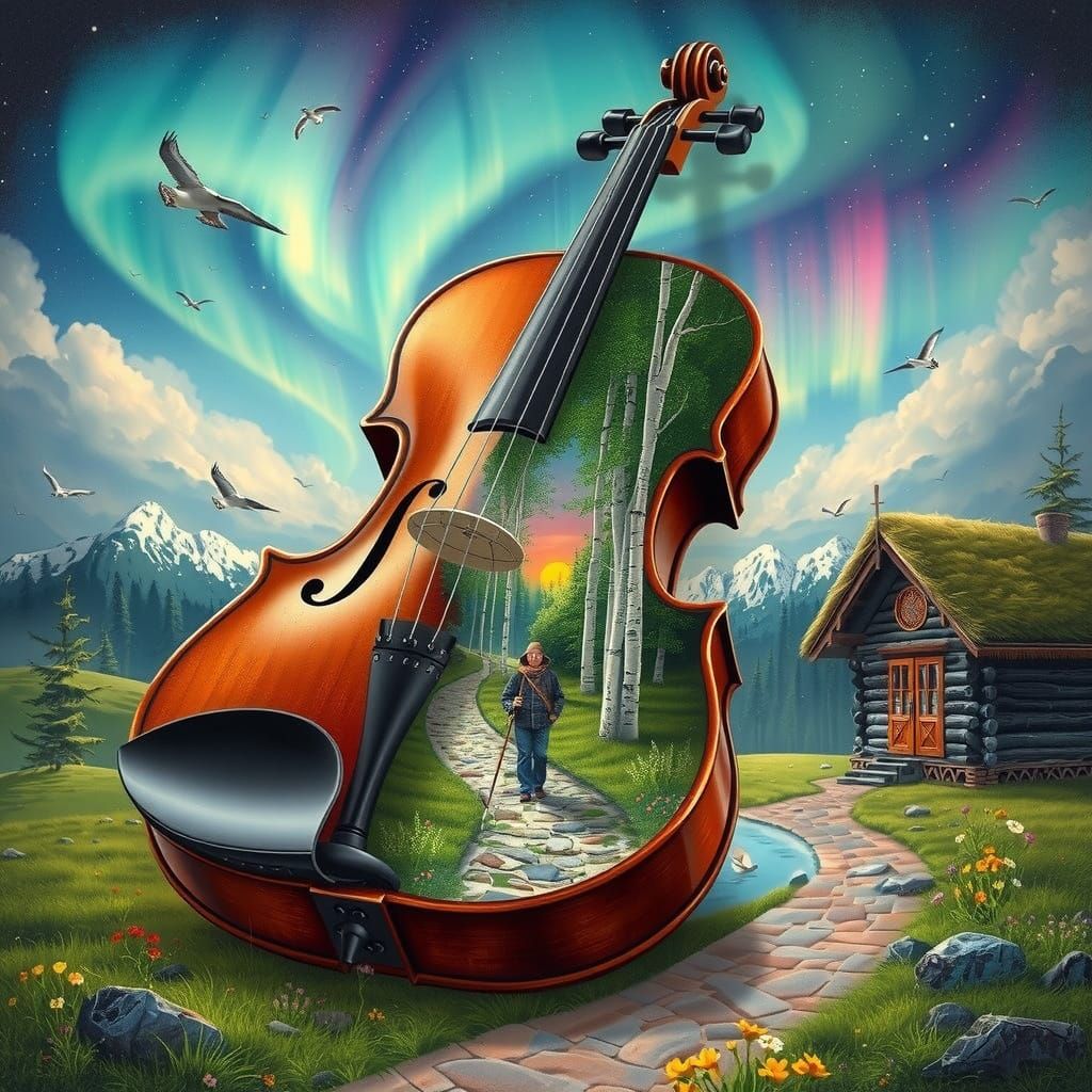 Surreal Scene Within a Violin in Mixed Art Style