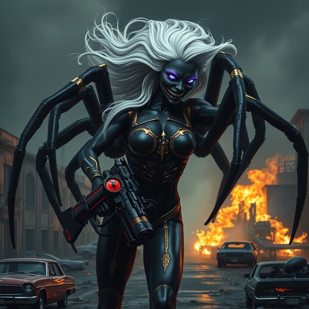 Spider-Woman Warrior in War-Torn City