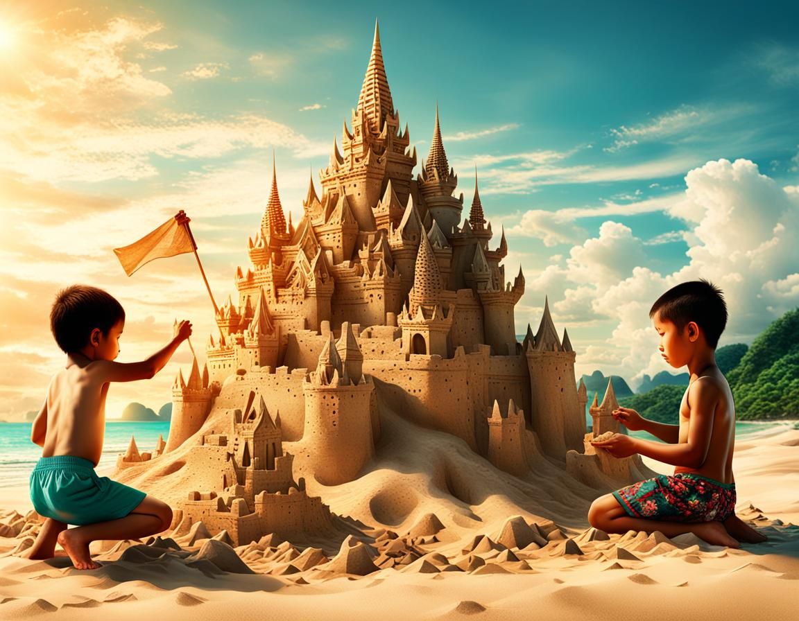 Asian Children Build Sandcastle, Digital Art on Phuket Beach