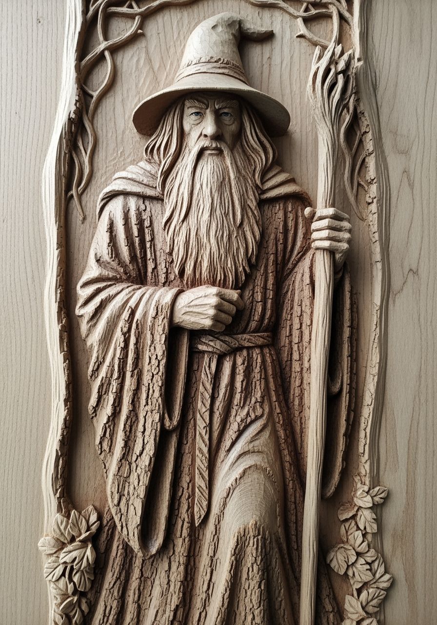 Detailed Wooden Relief Carving of Gandalf