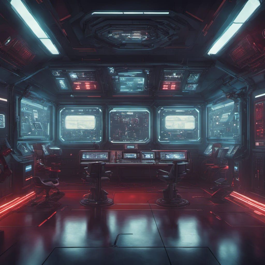 Sci-Fi Space Station Control Room in Emergency