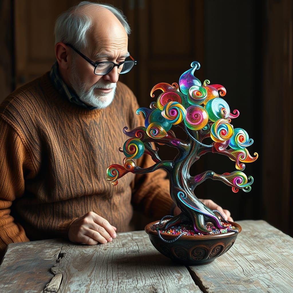 Man Examines Glass Bonsai Tree in Miyazaki-esque Style