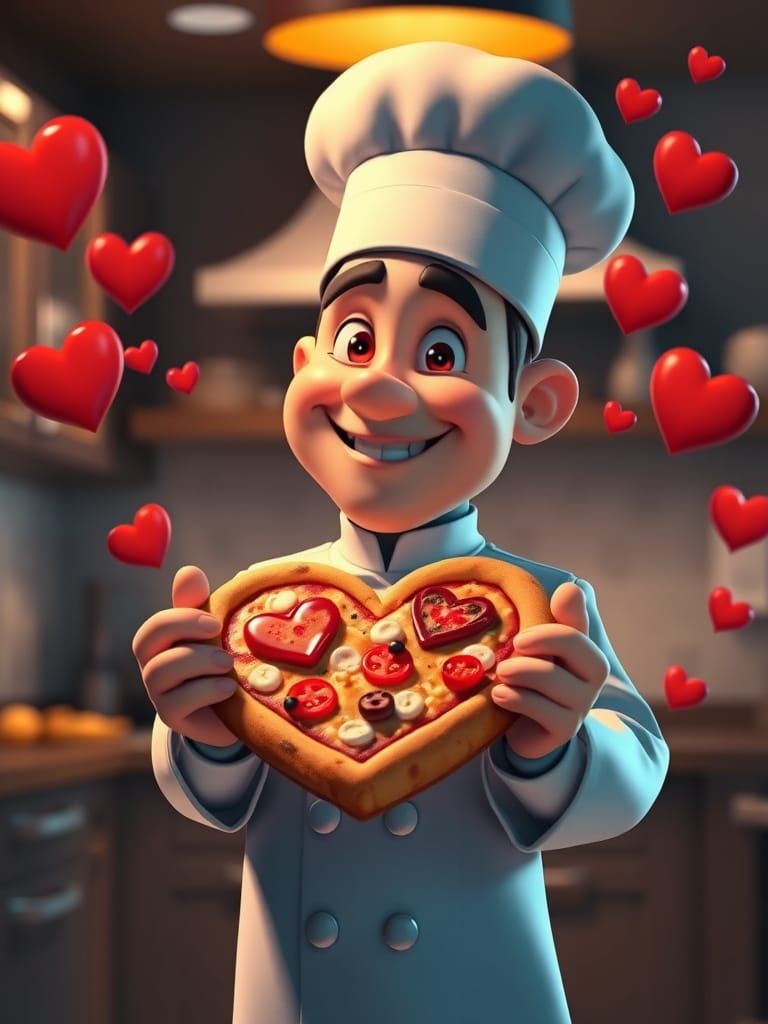 Cartoon Chef with Heart Pizza in Pixar Style