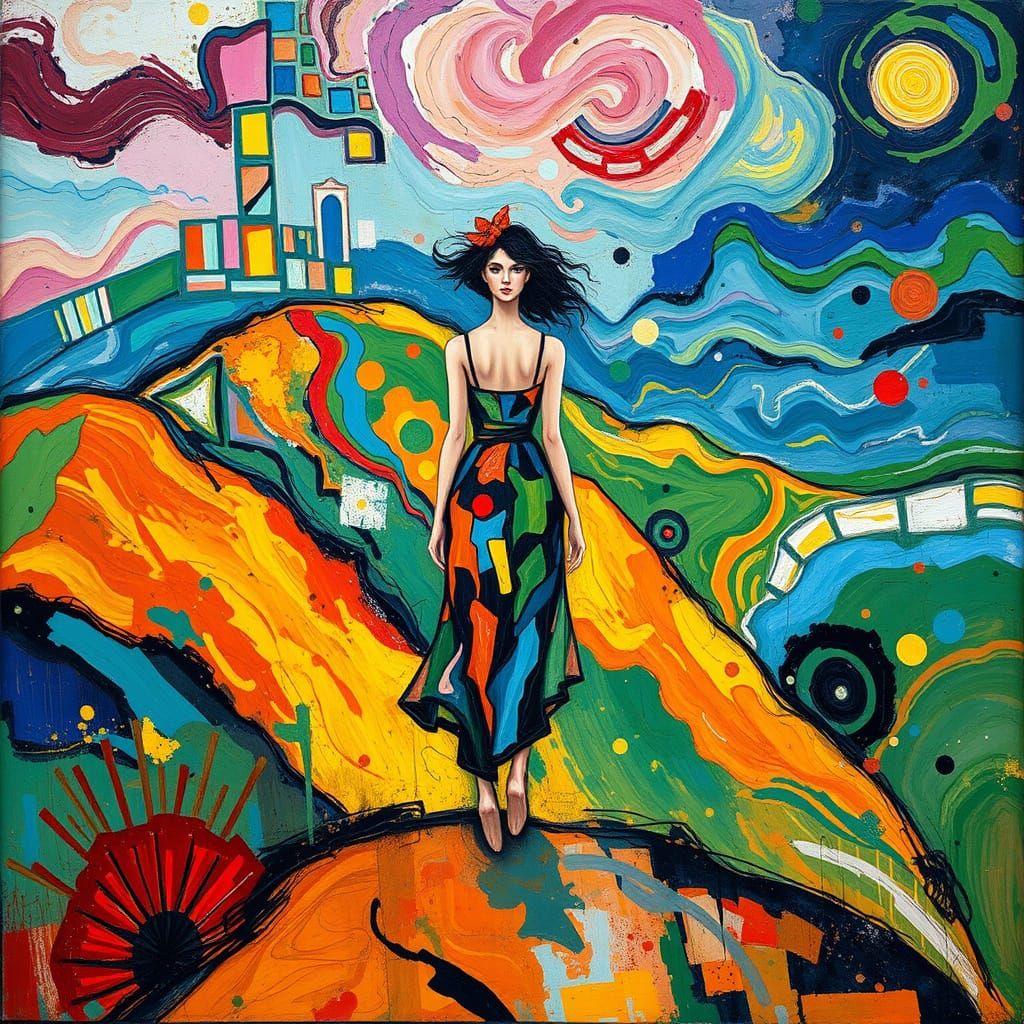 Vibrant Woman in Swirling Landscape, Impressionist Style