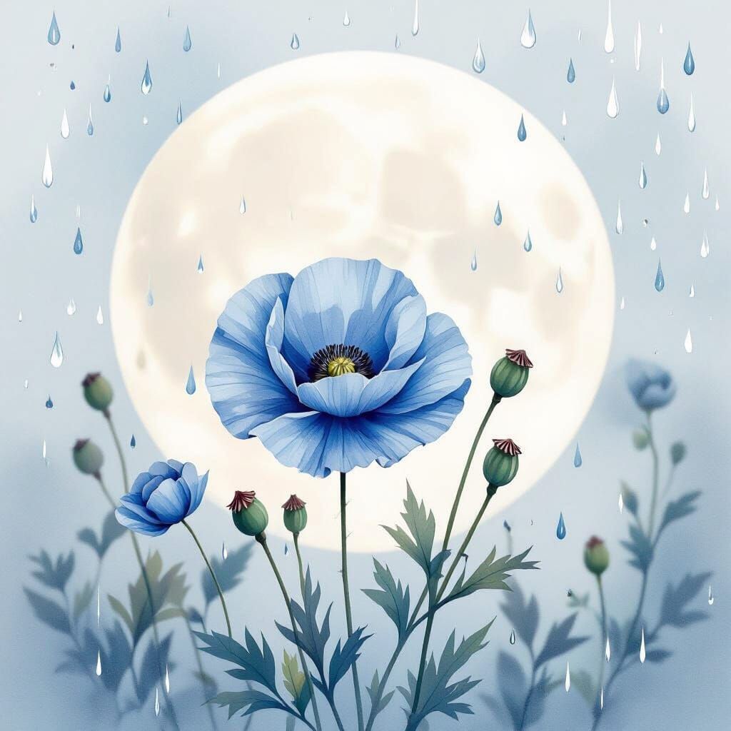 Serene Blue Poppy Under Full Moon in Watercolor Style