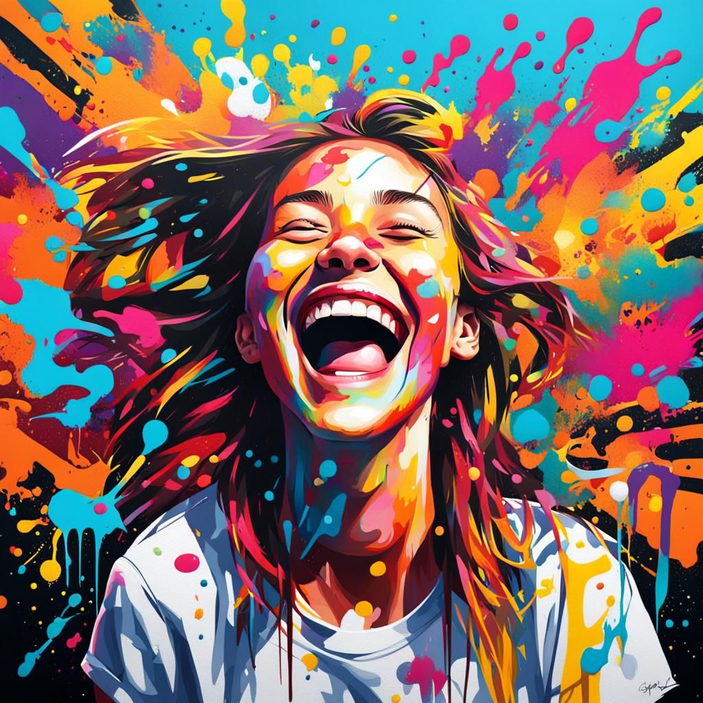 Laughing Girl in Colorful Graffiti Street Art