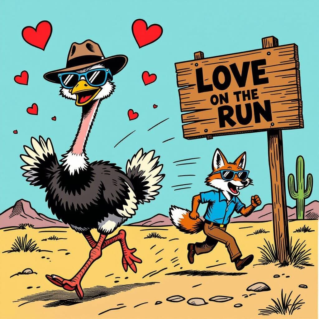 Ostrich Escapes Coyote in Comic Style Desert Scene