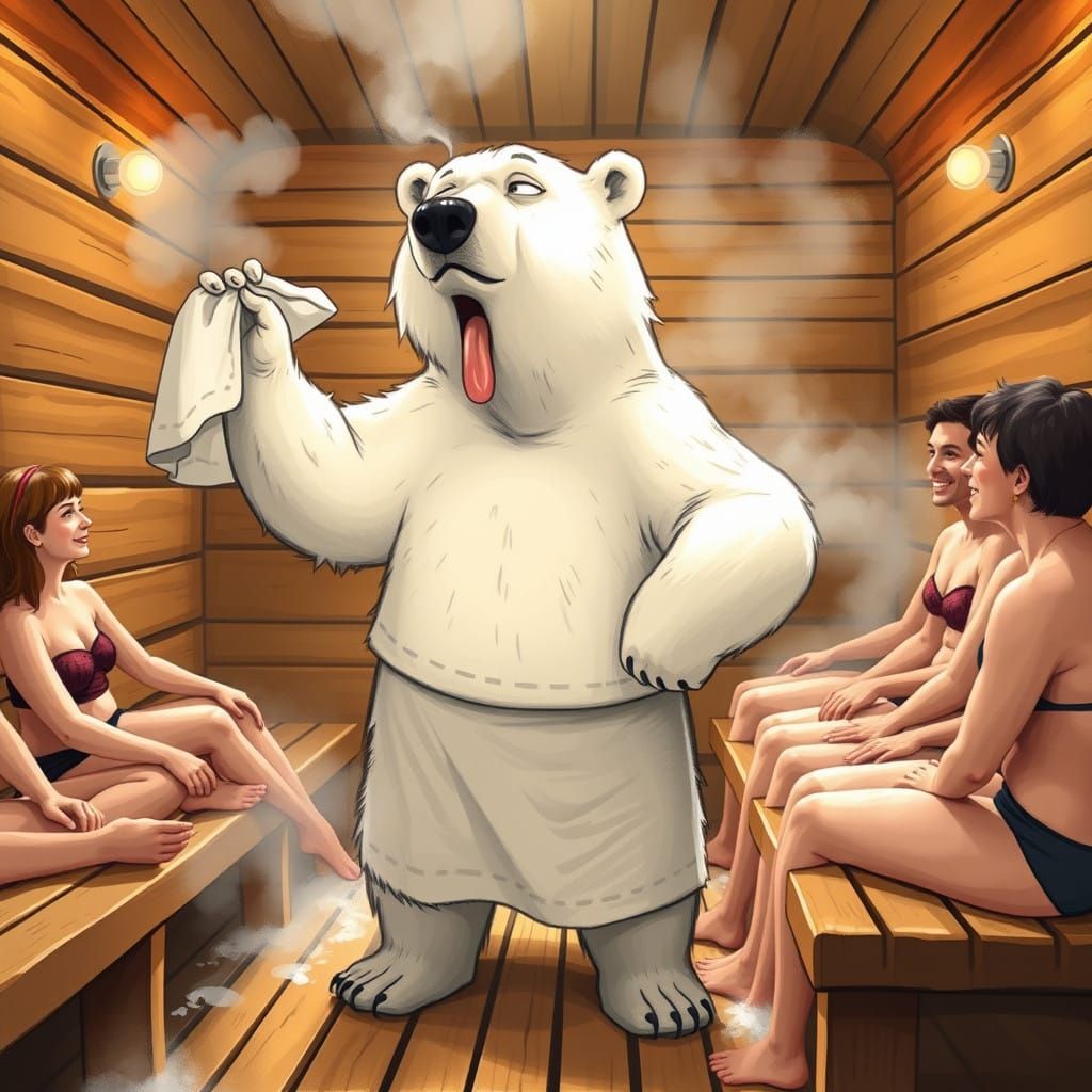 Sweaty Polar Bear Fanning Tourists in Cozy Sauna Scene