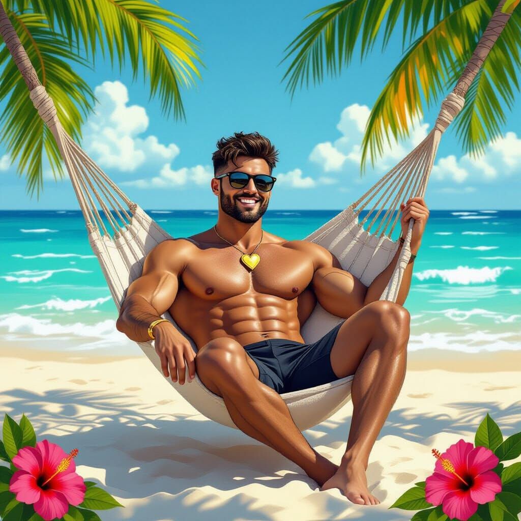 Man in Hammock on Tropical Beach, Hyperdetailed Art