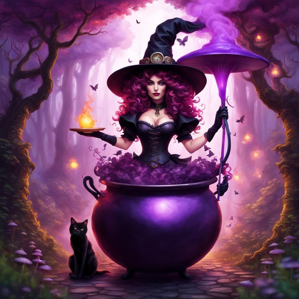 Steampunk Witch Brewing Magic in Forest