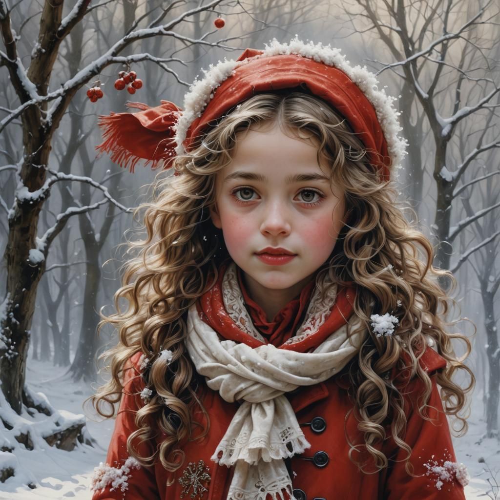 Edwardian Girl in Snow: Hyperrealistic Whimsical Portrait