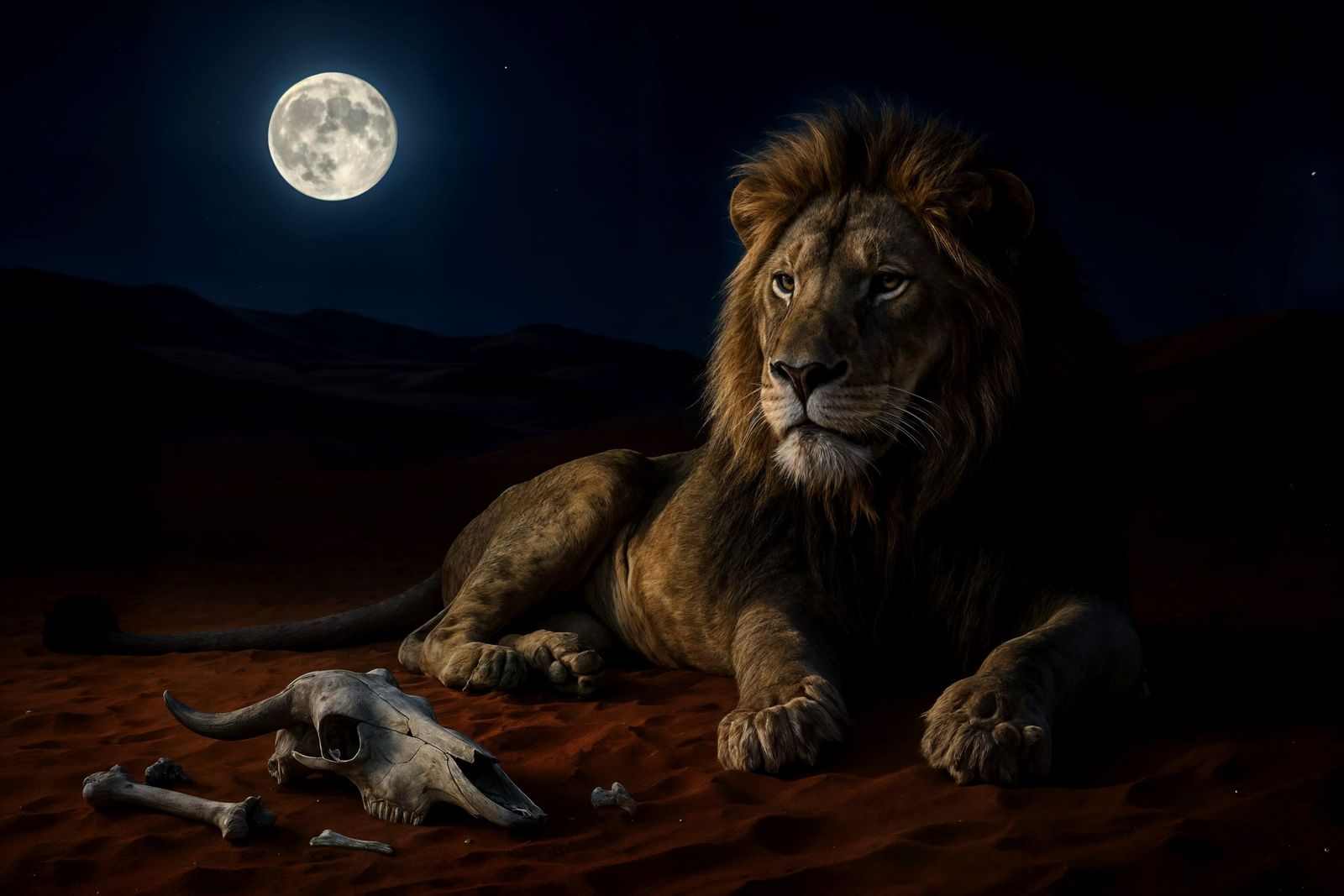 Majestic Lion in Desert Landscape Under Moonlight