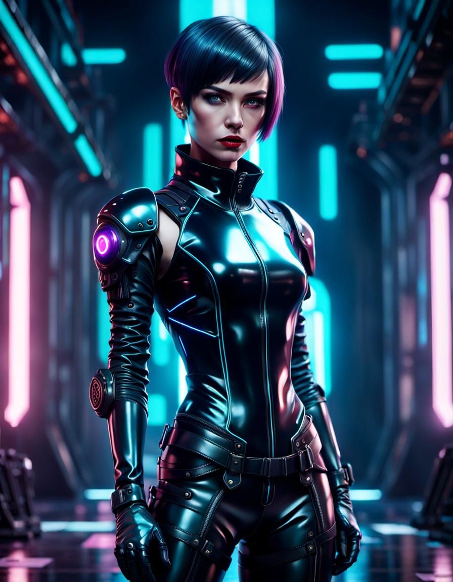 Hyperdetailed Cyberpunk Woman in Latex Outfit
