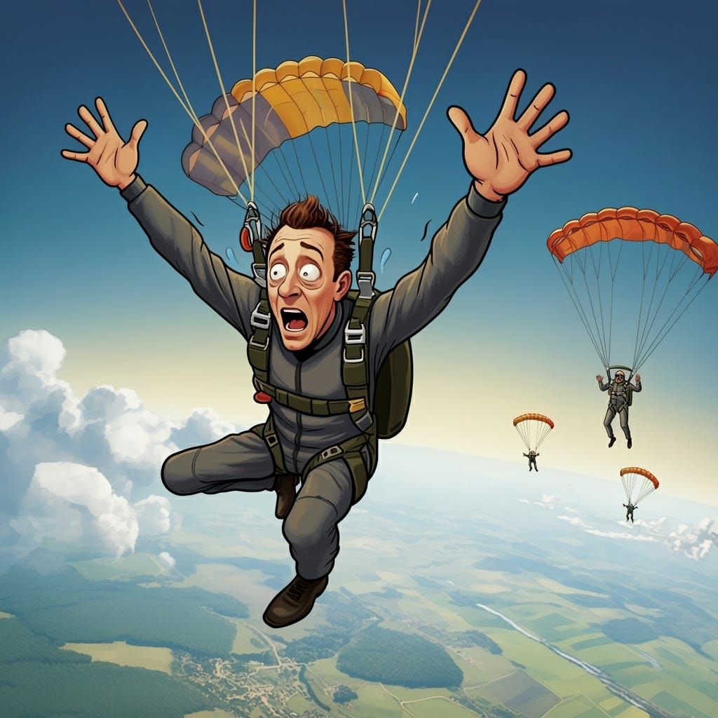 Cartoon Parachutist's Hysterical Jump in Comic Book Style
