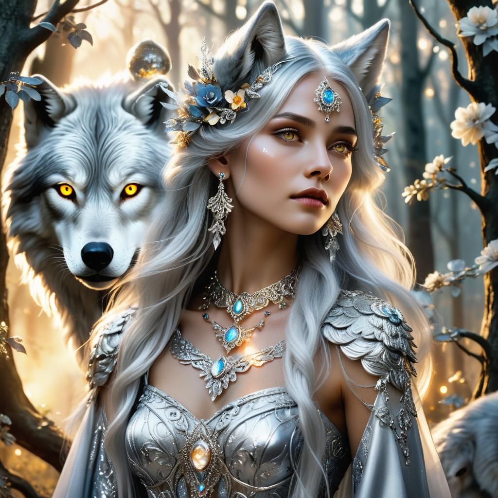 Silver Wolf Woman in Enchanted Forest: Digital Painting