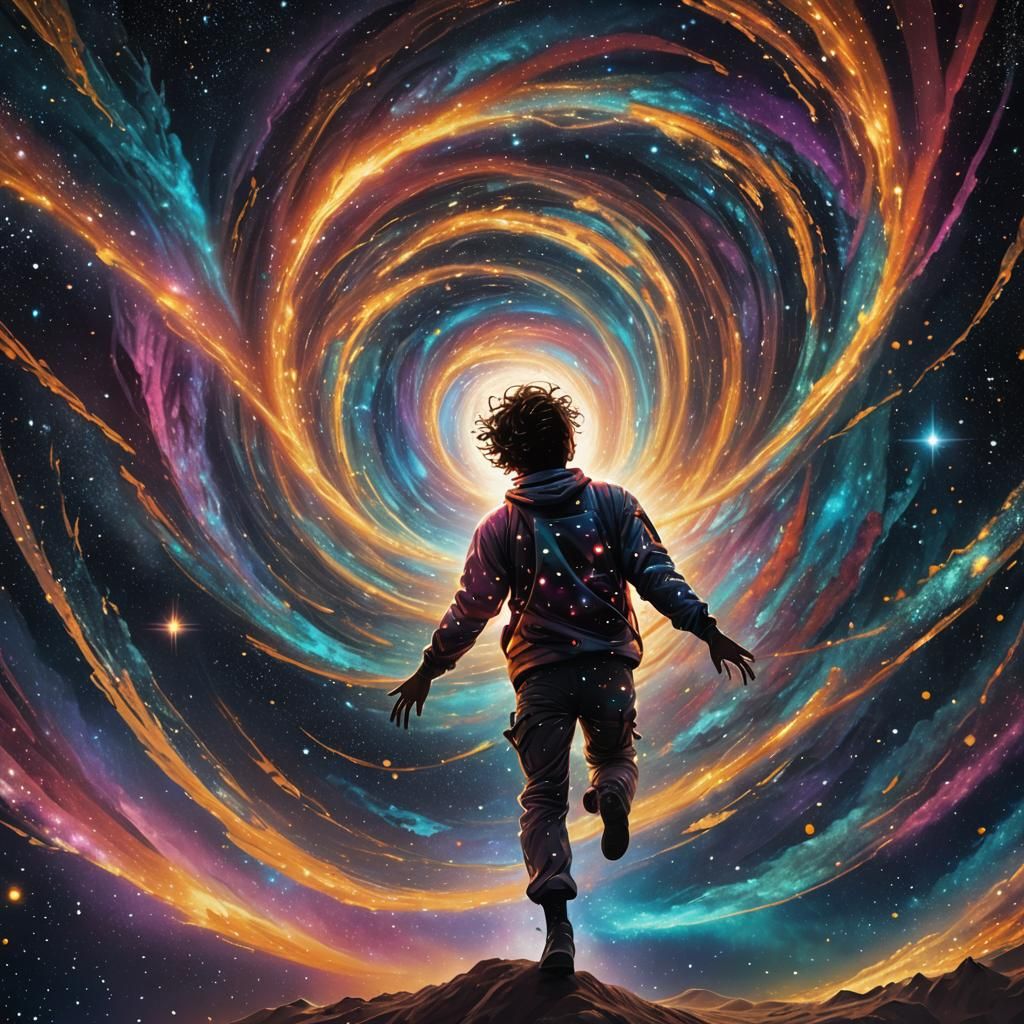 Cosmic Figure Falling Through Starry Vortex