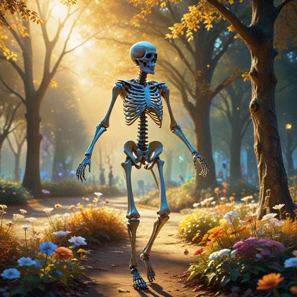 Ethereal Skeleton Dancing in Whimsical Park Scene