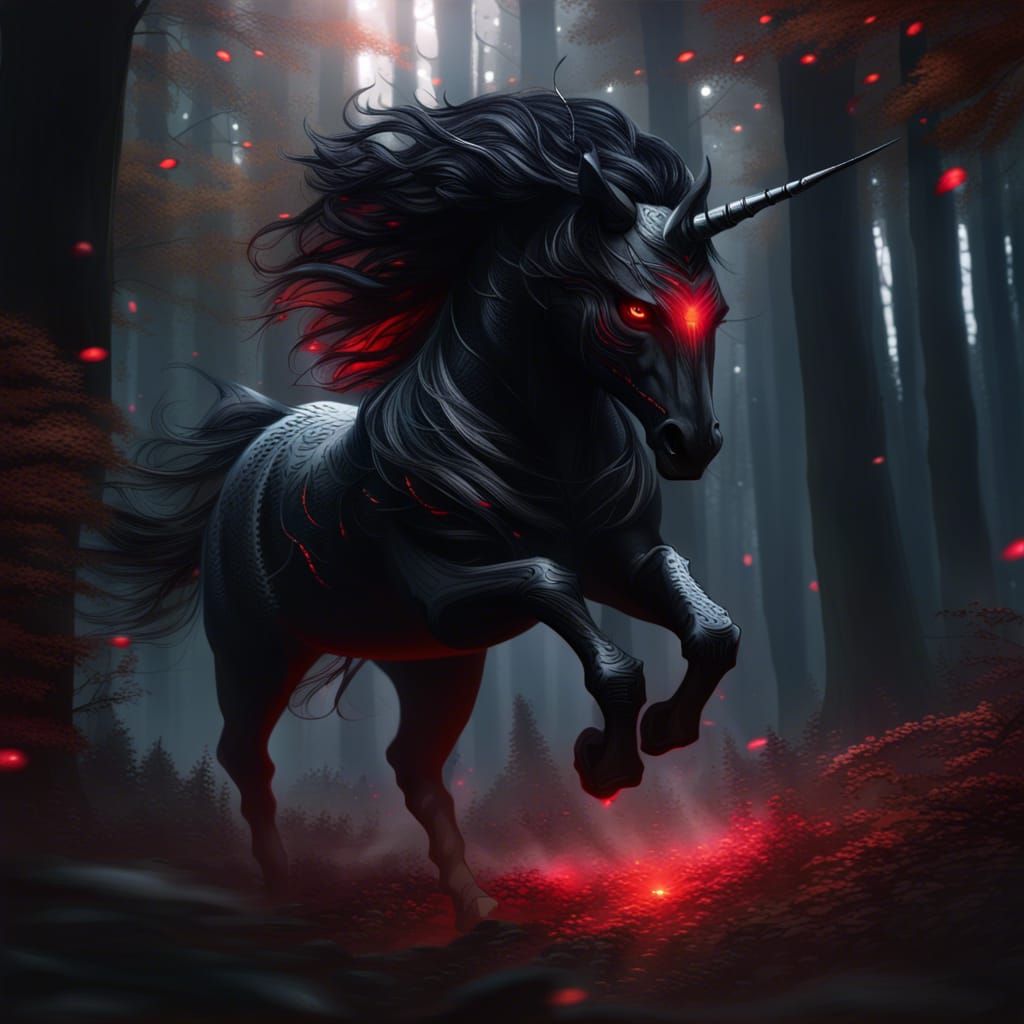 Black Unicorn Galloping Through Dark Fantasy Forest