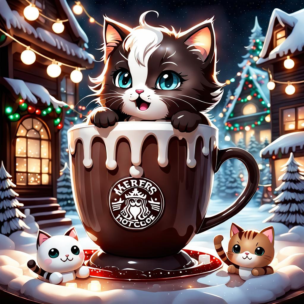 Chibi Cat Drowning in Hot Chocolate, Watercolor Art