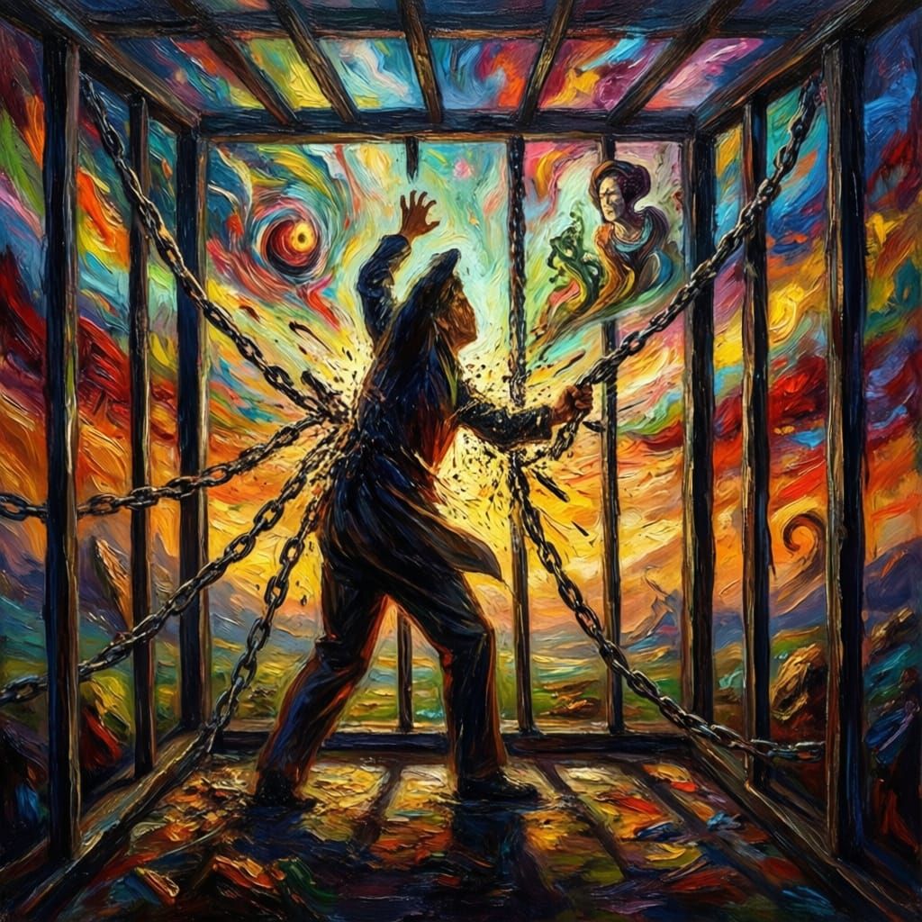 Surreal Figure Escapes Chain Cage Towards Abstract Sky