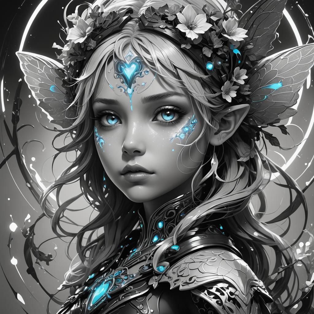 Bioluminescent Chibi Fae Portrait in Black and White