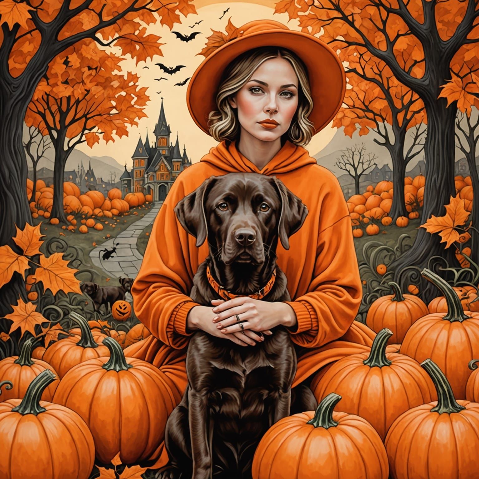 Halloween Girl and Lab in Autumn Ink Painting