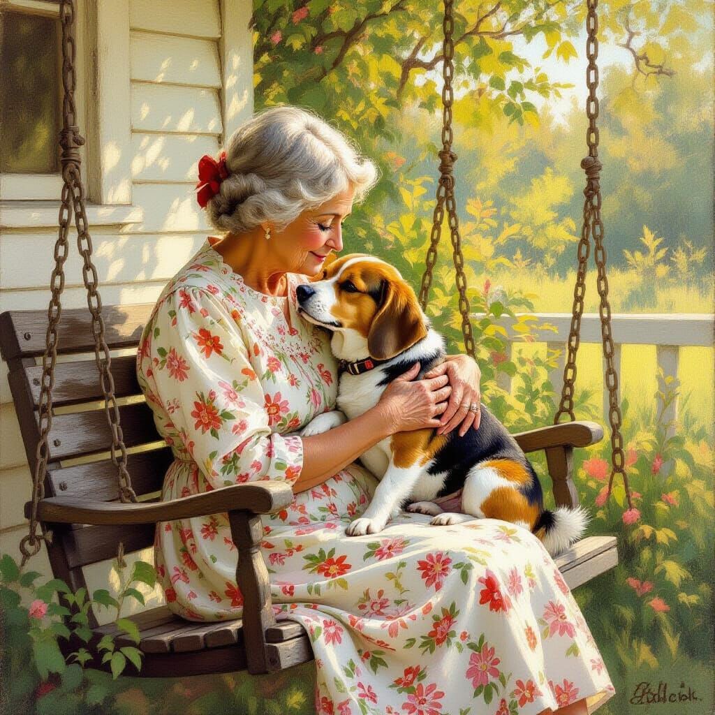 Elderly Woman and Beagle in Golden Light