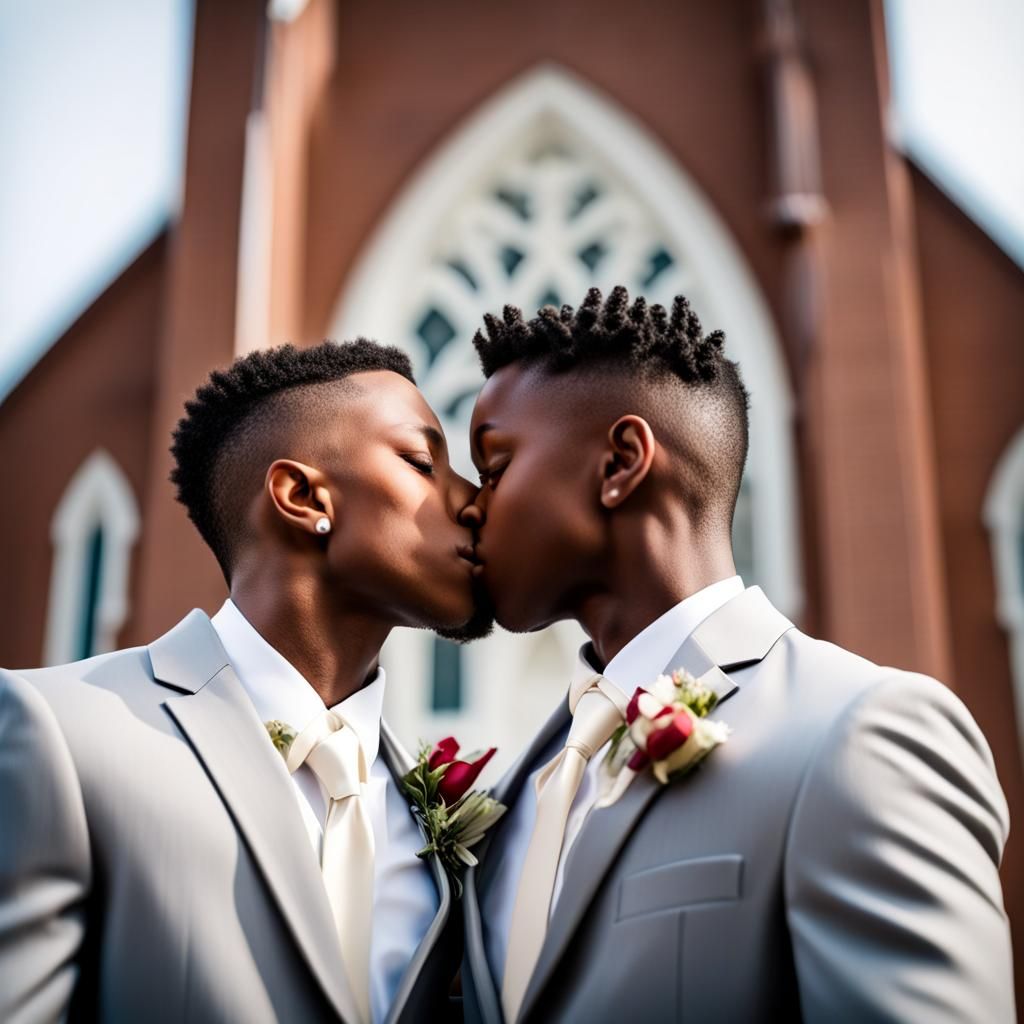 Gay Couple's Wedding Kiss in Natural Light