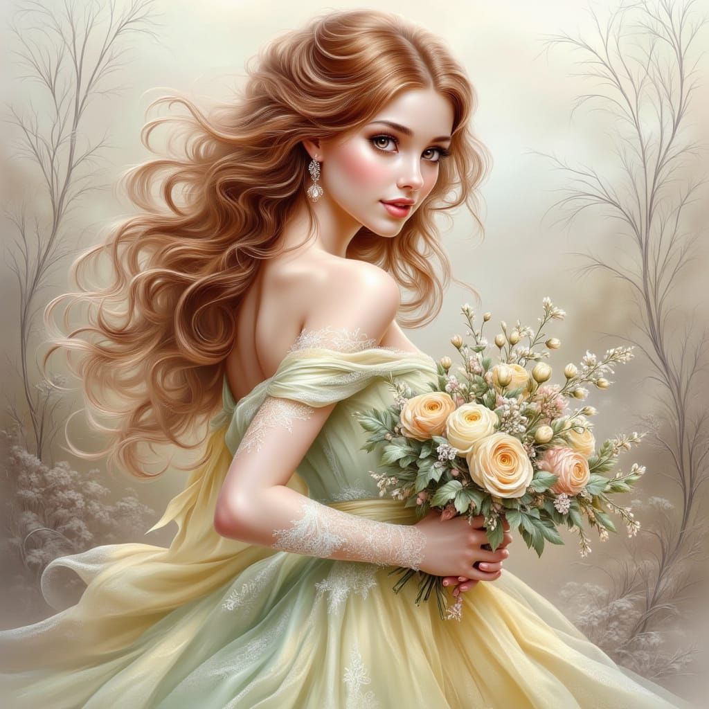 Romantic Woman with Flowers in Autumn Landscape