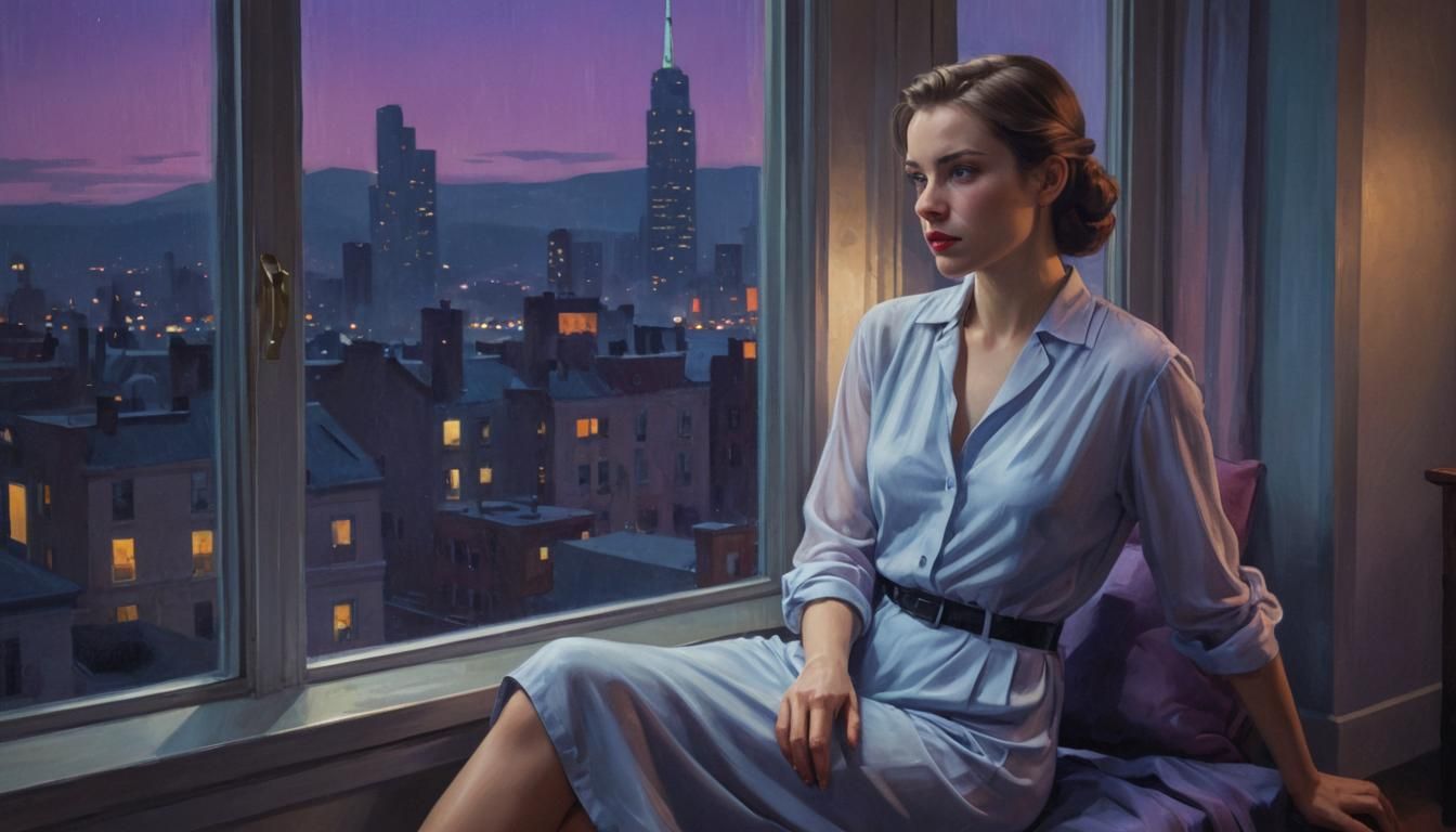 Woman in City Window: Edward Hopper-Inspired Digital Art