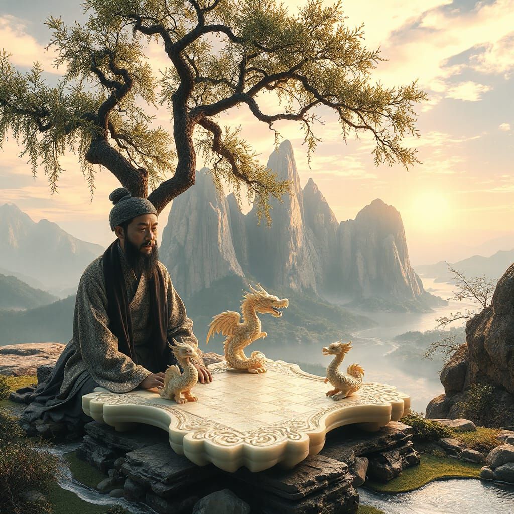 Ethereal Song Dynasty Landscape with Jade Mountains and Lumi...