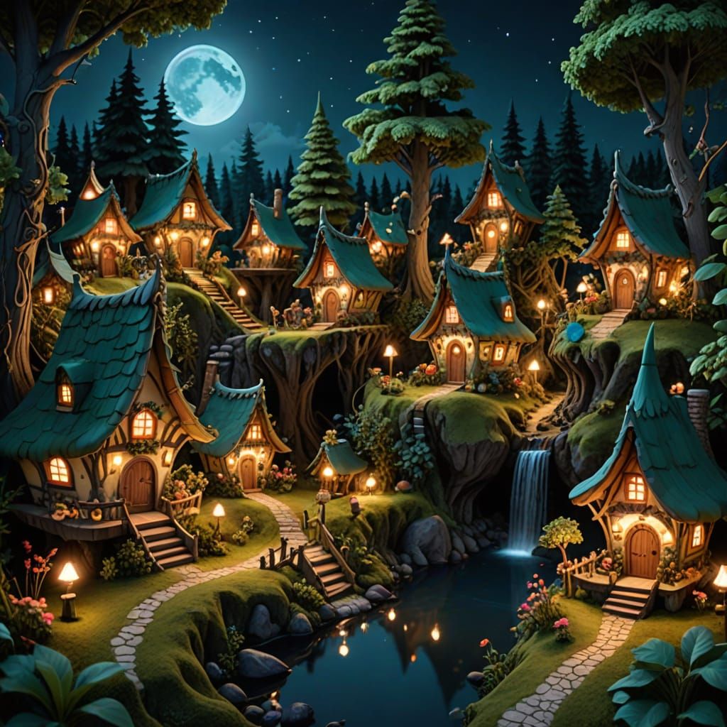 Whimsical Fairy Village Under Starry Night Sky