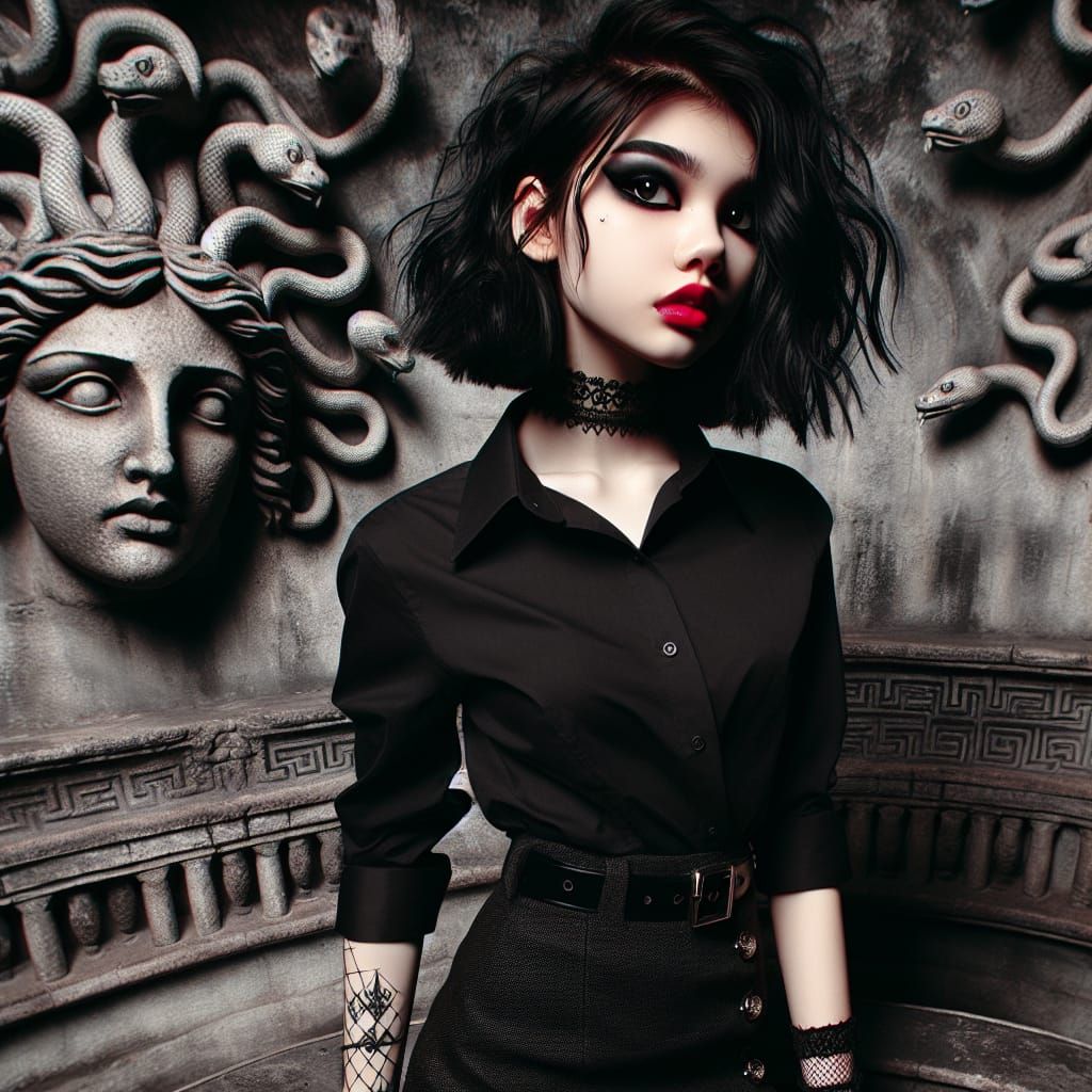 Gothic Girl in Labyrinth with Medusa