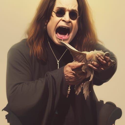 Close-up of Ozzy Osbourne eating a bat on stage