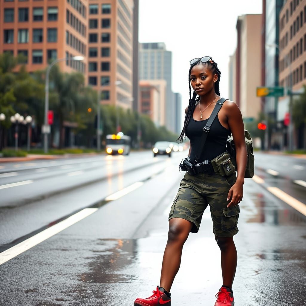 Black Female Soldier Walking on Rainy Street in Sneakers