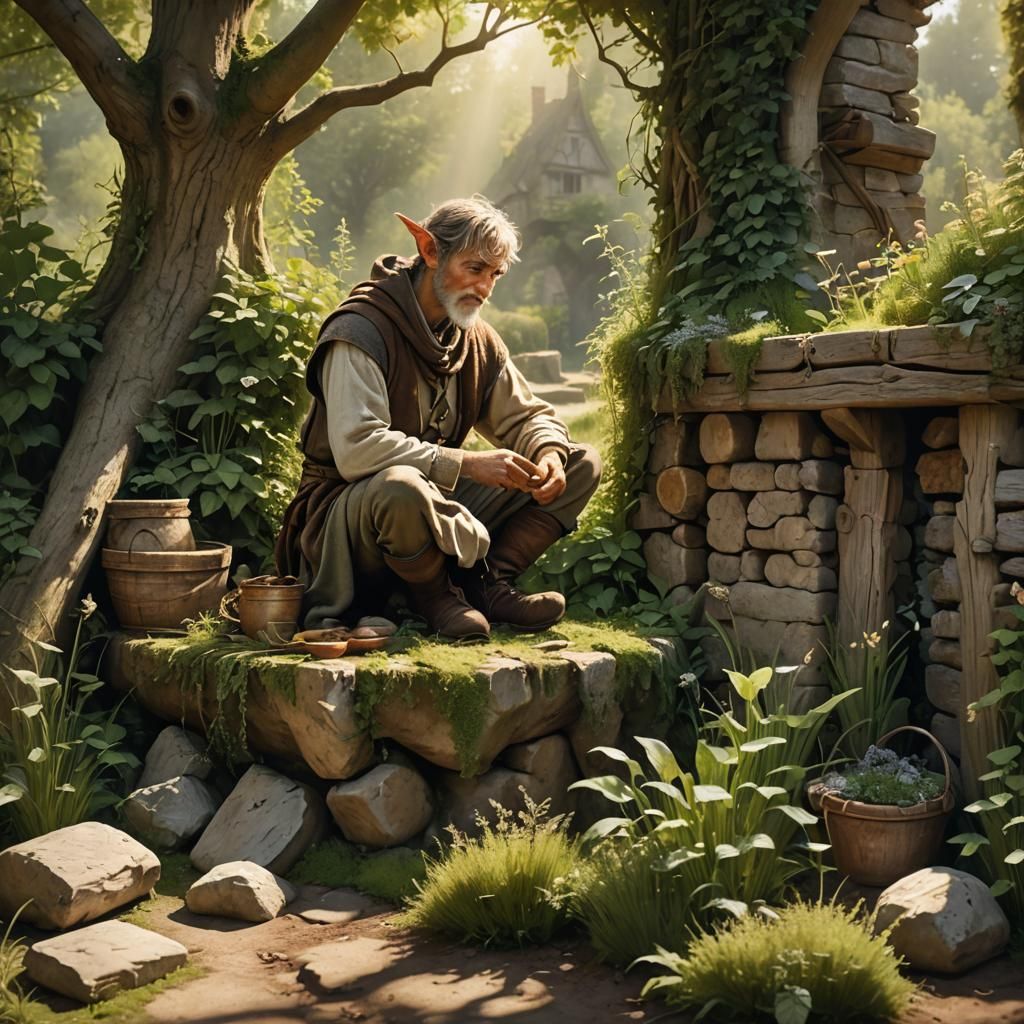 Elf on Stone Wall in Sunlit Field