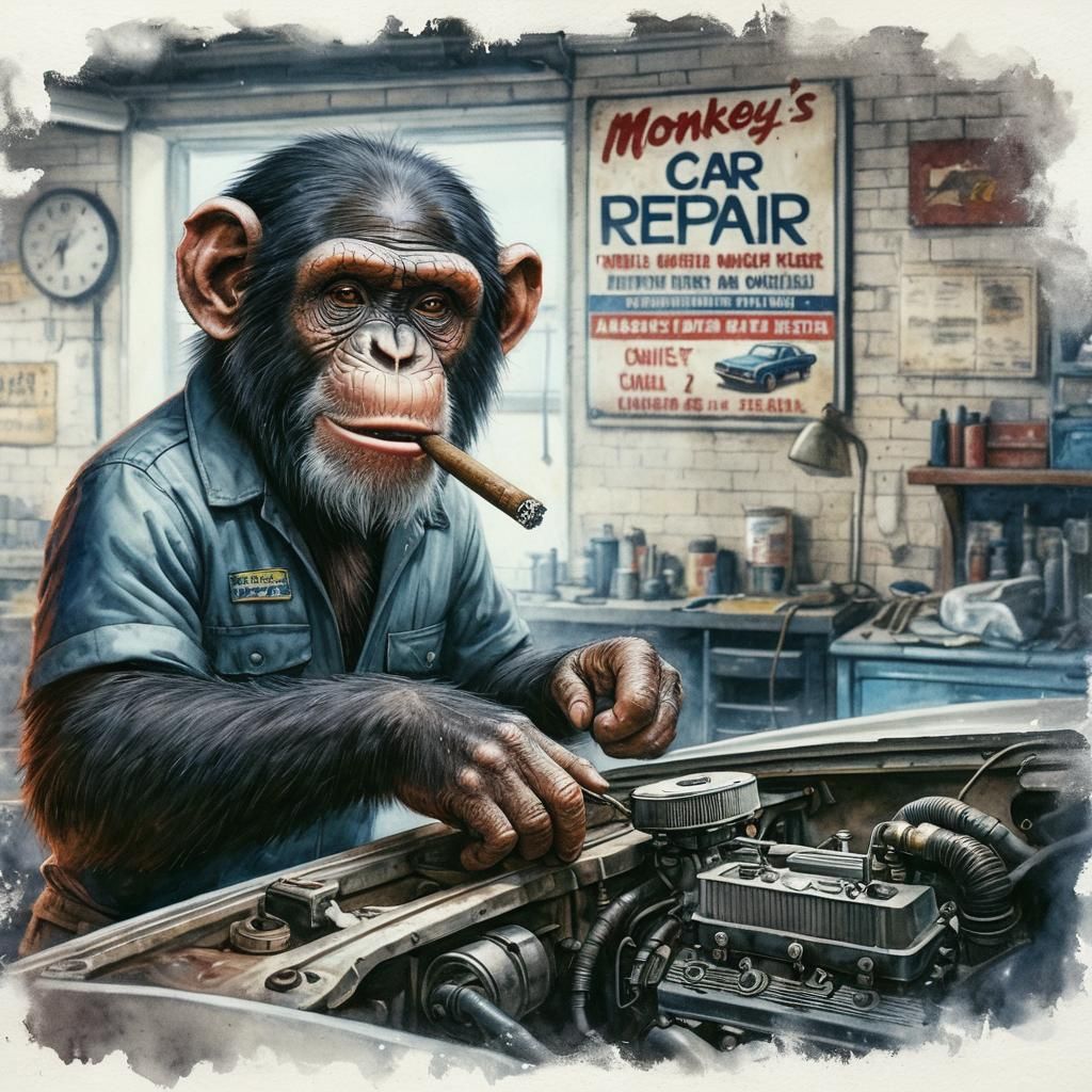 Chimpanzee Car Mechanic in Watercolor Oil Painting