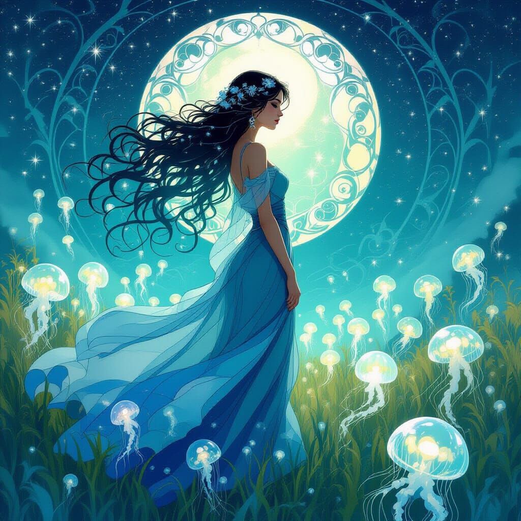 Water Hair Woman in Jellyfish Field, Art Nouveau Style
