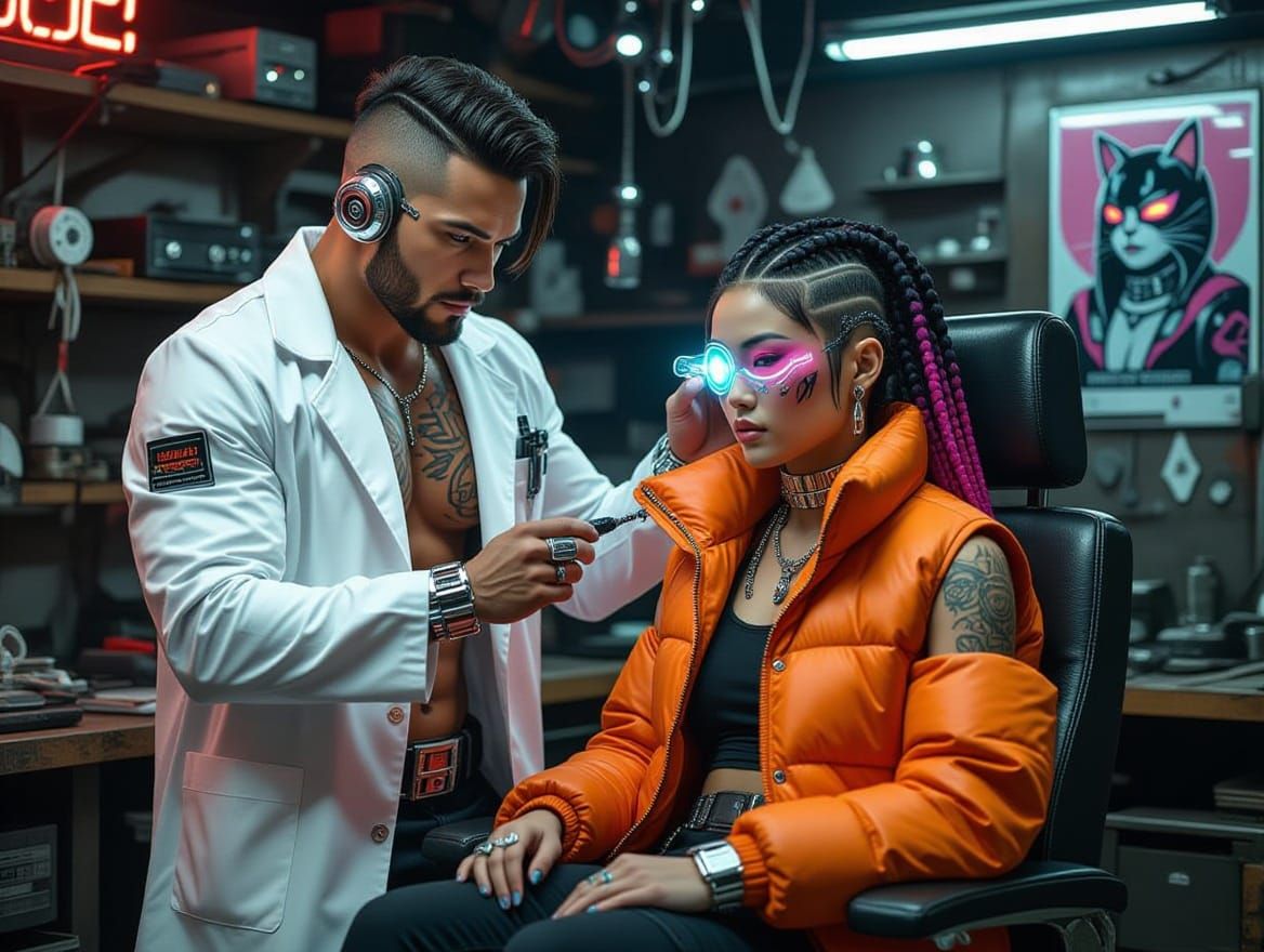 Cyberpunk Ripperdoc Adjusts Cybernetic Eye in Neon Workshop