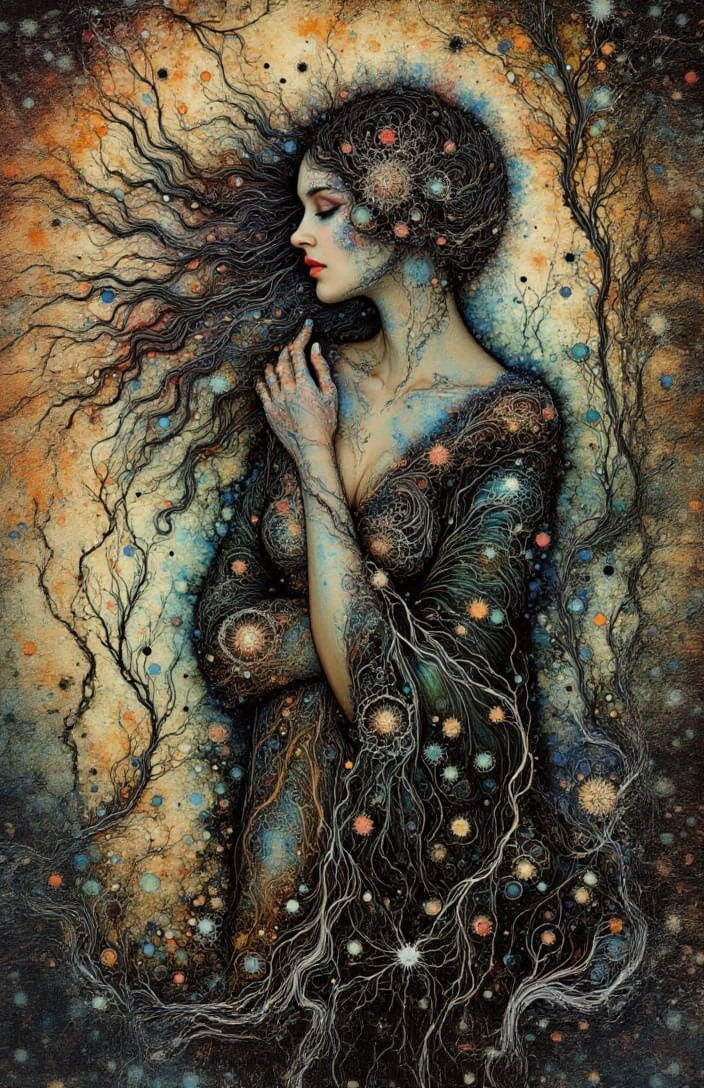 Pre-Raphaelite Sorceress in Enchanted Forest