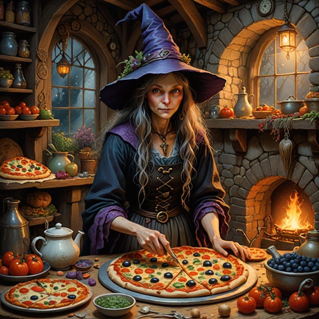 Whimsical Witch Baking Mystical Pizza in Cottage