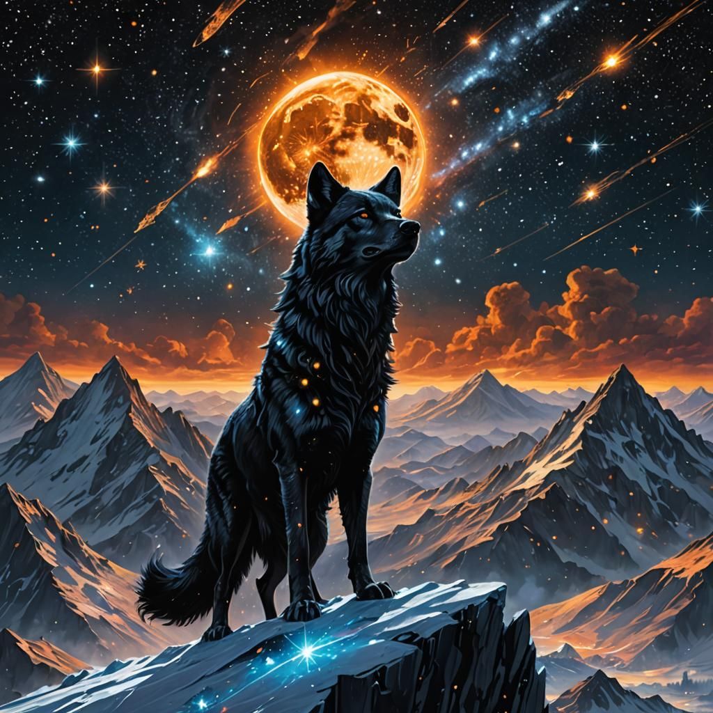 Stardust Wolf Howling at Cosmic Galaxy