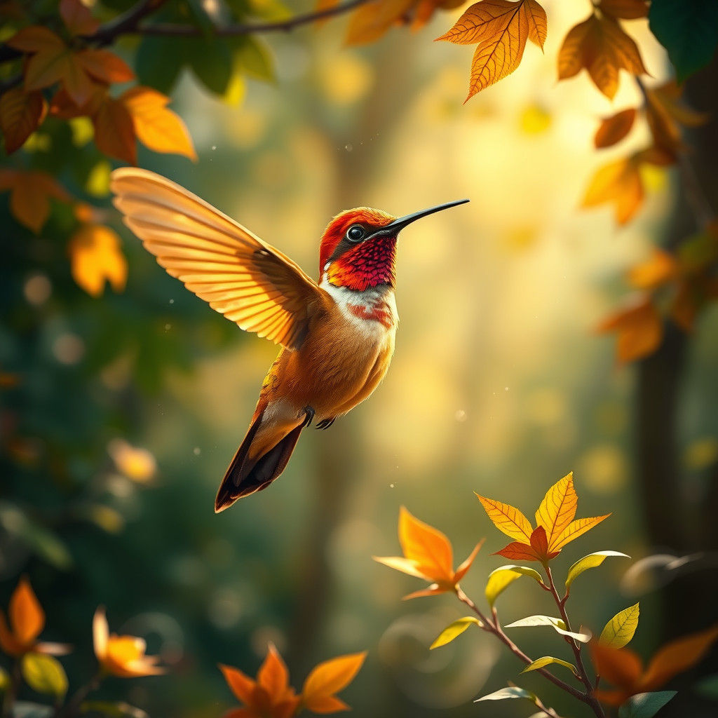 Iridescent Hummingbird in Autumnal Forest, Digital Art
