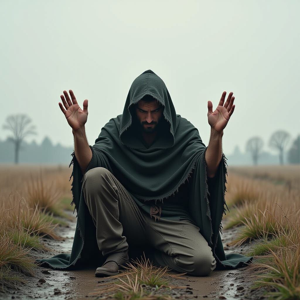 Ruined Man in Desolate Landscape, Inspired by Dark Masters