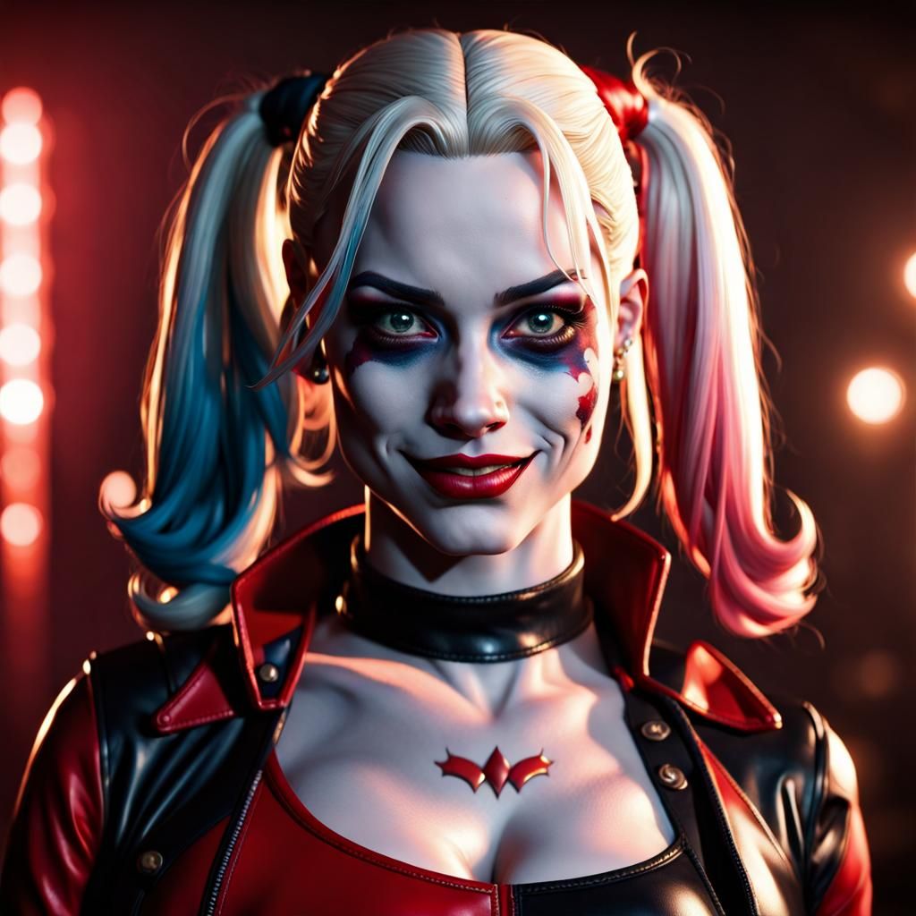 Hyperrealistic Harley Quinn with Dynamic Red Lighting